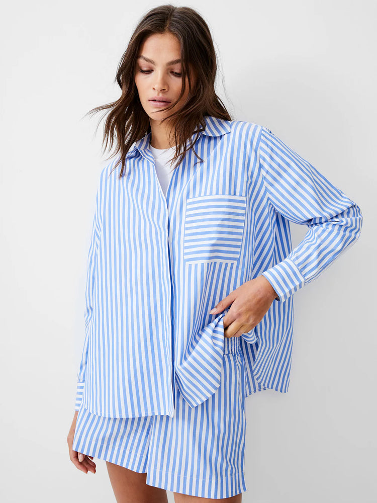 Thick Striped Relaxed Popover-Blue/Linen White