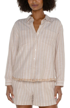 Cropped Button Front Shirt w Fray-Tan Yarn Dyed Stripe