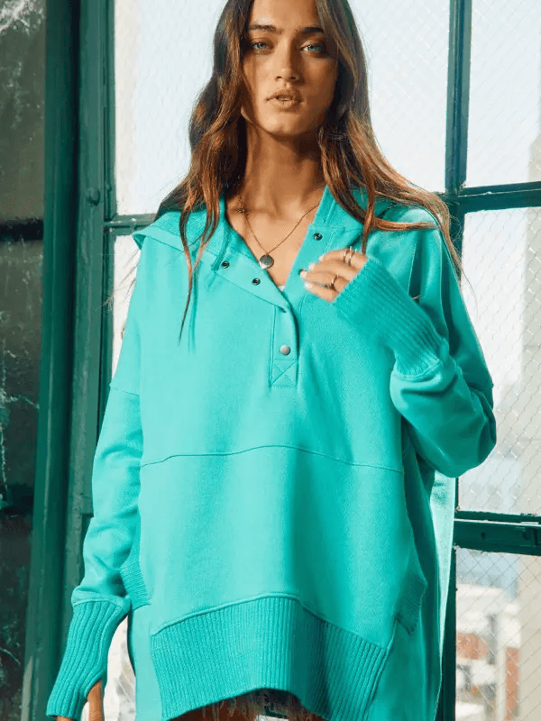 Long Sleeve Oversized Button Top- Turquoise
