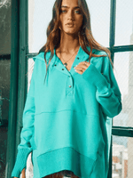 Long Sleeve Oversized Button Top- Turquoise