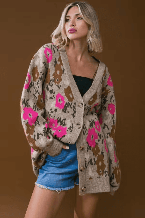 Sweater Knit Cardigan-Pink/Multi FINAL SALE