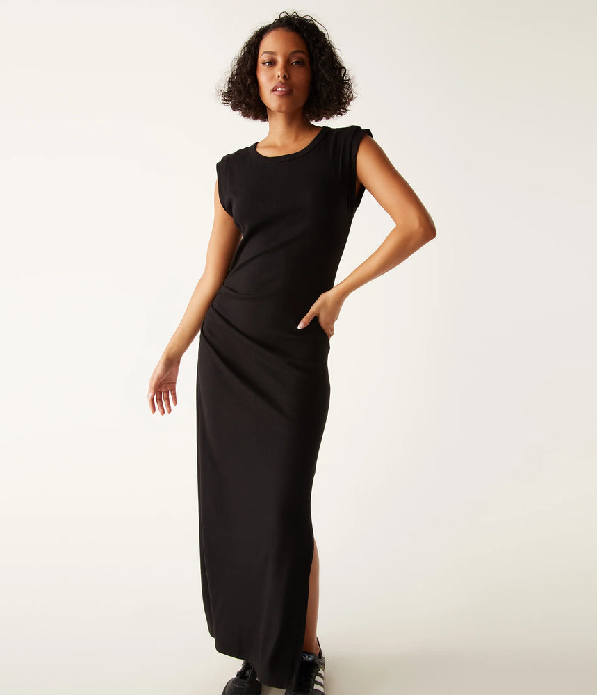 Calliope Power Shoulder Maxi Dress-Black