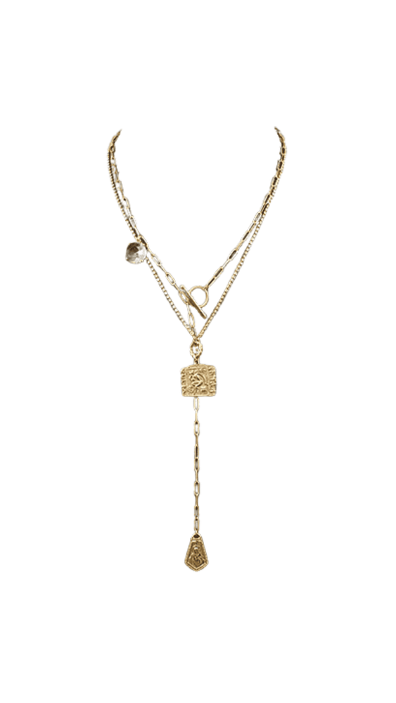 Geometric Coin & Bead Layer Necklace-Gold/Clear