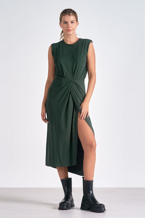 Sleeveless Front Slit Dress-Dark Green