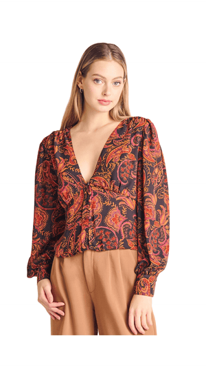 V-Neck Button Front Blouse-Orange/Paisley