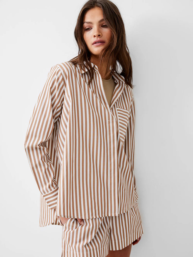 Thick Striped Relaxed Popover-Tobacco/Linen White