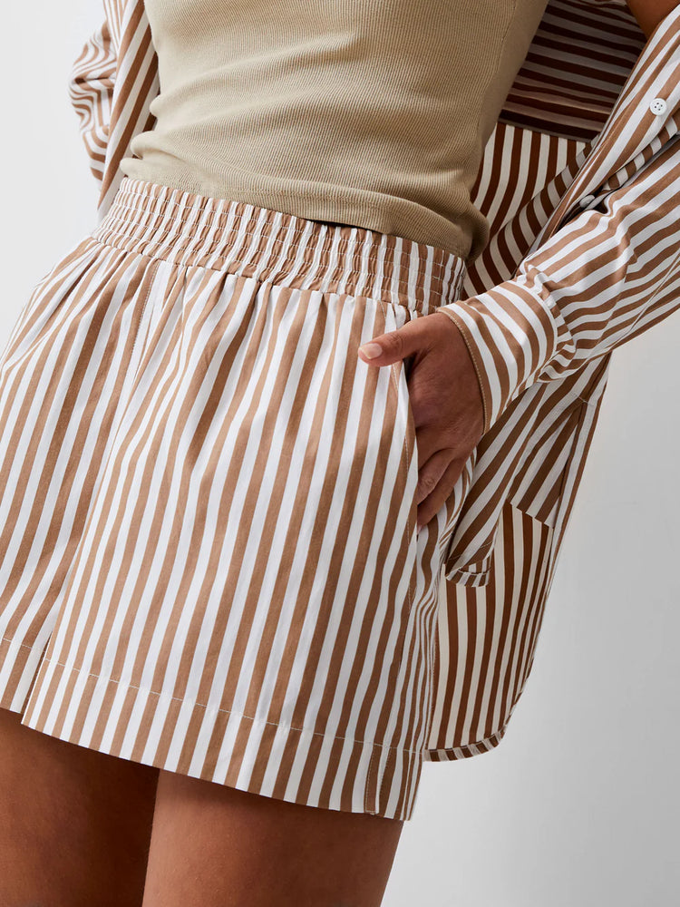 Stripe Shirting Shorts-Tobacco Brown/Linen White