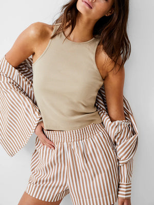 Stripe Shirting Shorts-Tobacco Brown/Linen White
