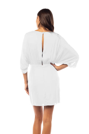 Shirred Bat Sleeve Satin Mini Dress-Off White