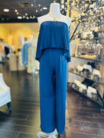 Washed Satin Strapless Jumpsuit-Navy