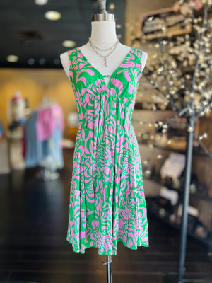 Double V-Neck Swing Dress-Green FINAL SALE