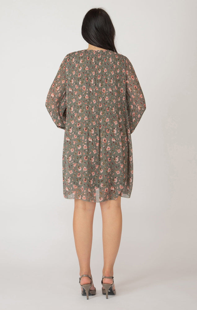 LS Pleated A-Line Dress-Green/Blush Floral