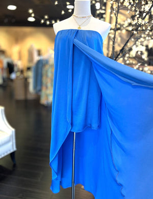 Satin Strapless Hi Low Dress-Blue FINAL SALE