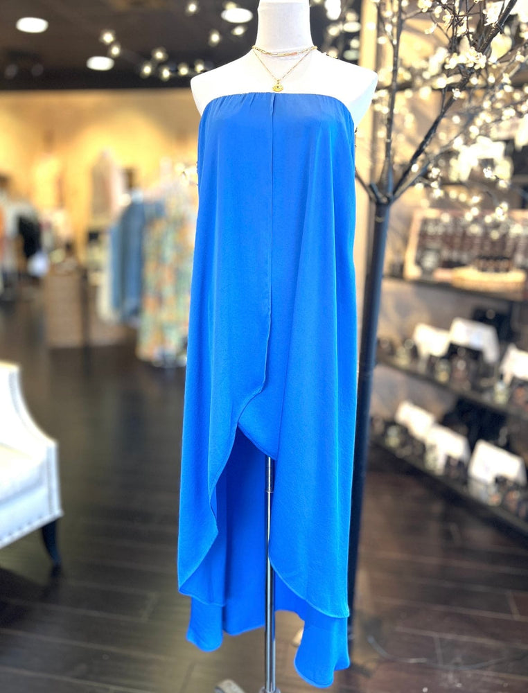 Satin Strapless Hi Low Dress-Blue FINAL SALE