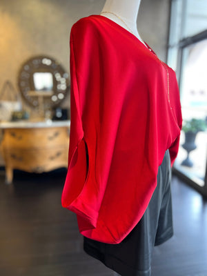 Satin V-Neck Caftan Blouse w Elastic Hem-Red