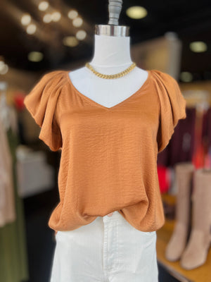 V-Neck Balloon Sleeve Blouse-Camel