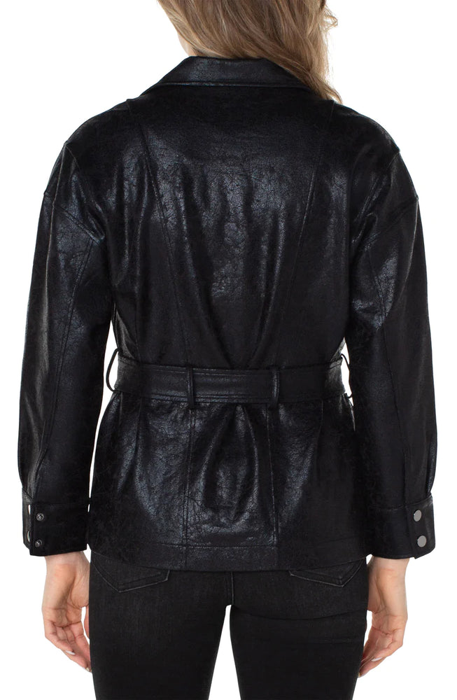 Belted Moto Jacket-Black Crackle Coated
