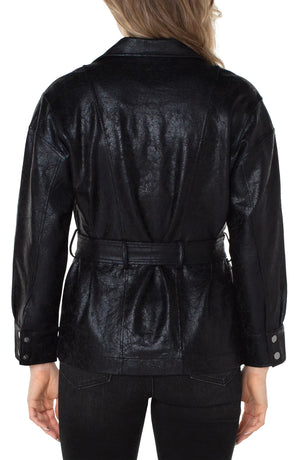 Belted Moto Jacket-Black Crackle Coated