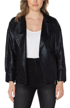 Belted Moto Jacket-Black Crackle Coated