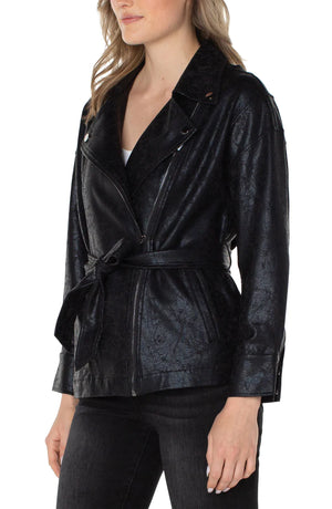 Belted Moto Jacket-Black Crackle Coated