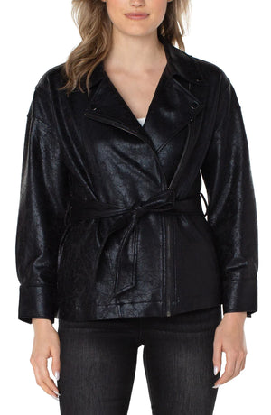 Belted Moto Jacket-Black Crackle Coated
