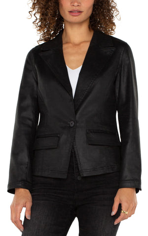 Notch Collar One Button Blazer-Coated Black