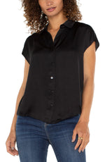 Button Front Dolman Sleeve Blouse-Black