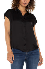 Button Front Dolman Sleeve Blouse-Black