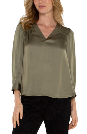 Long Sleeve Pleated Neck Blouse-Spanish Oliver