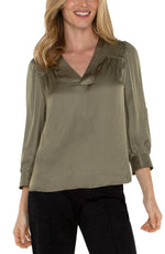 Long Sleeve Pleated Neck Blouse-Spanish Oliver