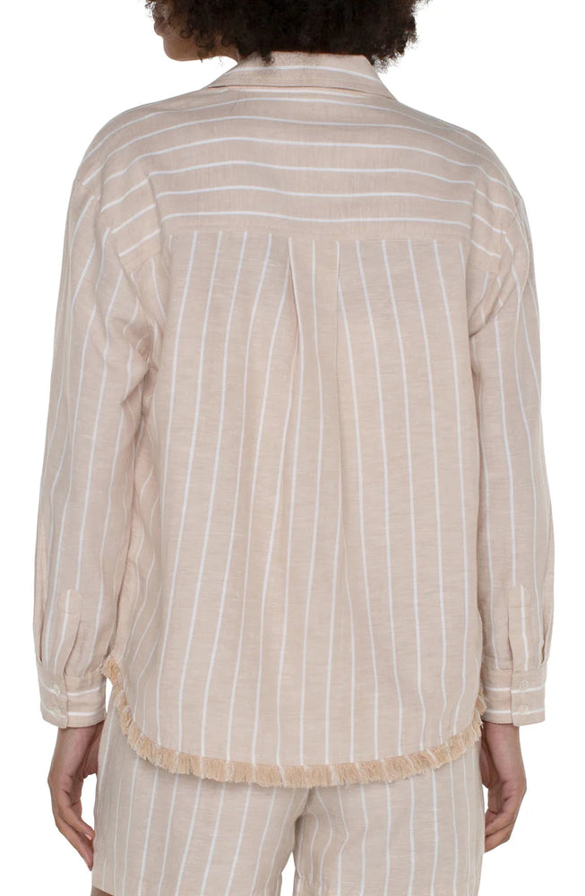 Cropped Button Front Shirt w Fray-Tan Yarn Dyed Stripe