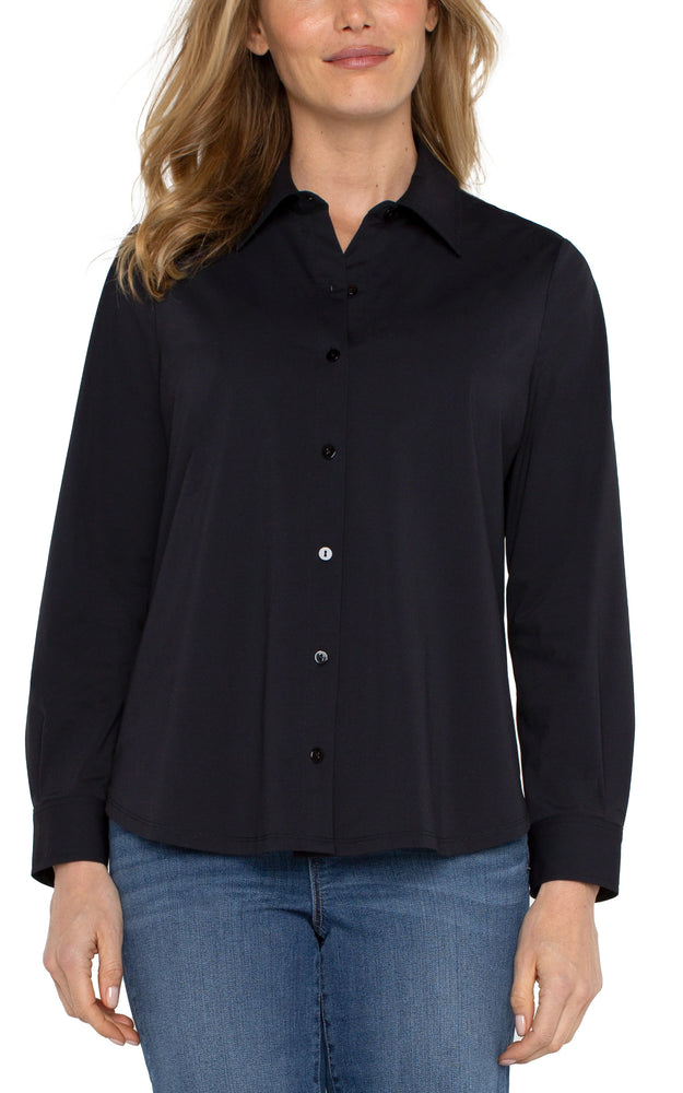 Long Sleeve Button Front Shirt-Black