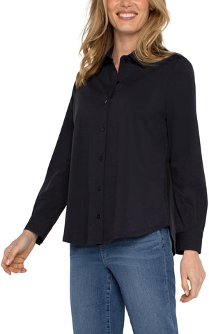 Long Sleeve Button Front Shirt-Black