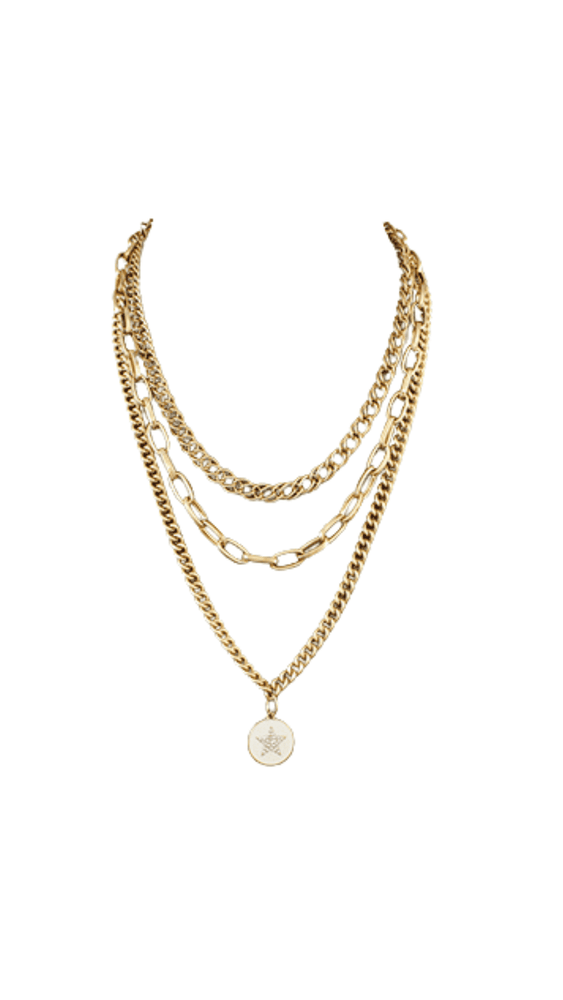 Star Disk & Chain Layer Necklace-Gold/White