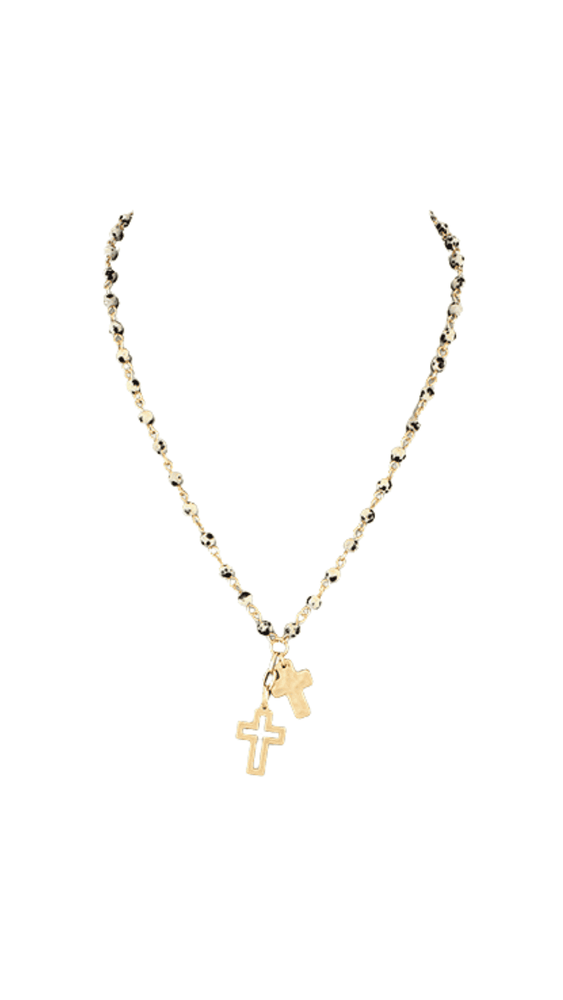 2 Cross Pendant Ball Chain Necklace-Dalmatian/Jasper
