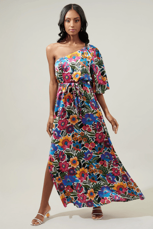 One Shoulder Satin Maxi Dress-Floral/Multi