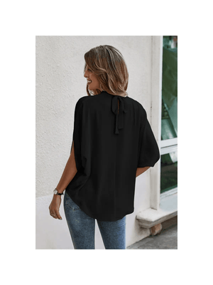 Solid Cape Short Sleeve Top-Black