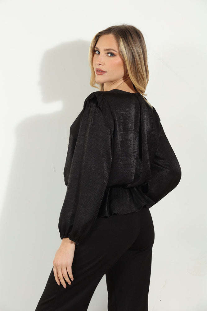 V-Neck Peplum Blouse - Black Satin