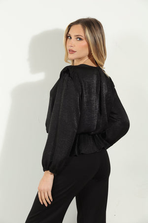 V-Neck Peplum Blouse - Black Satin