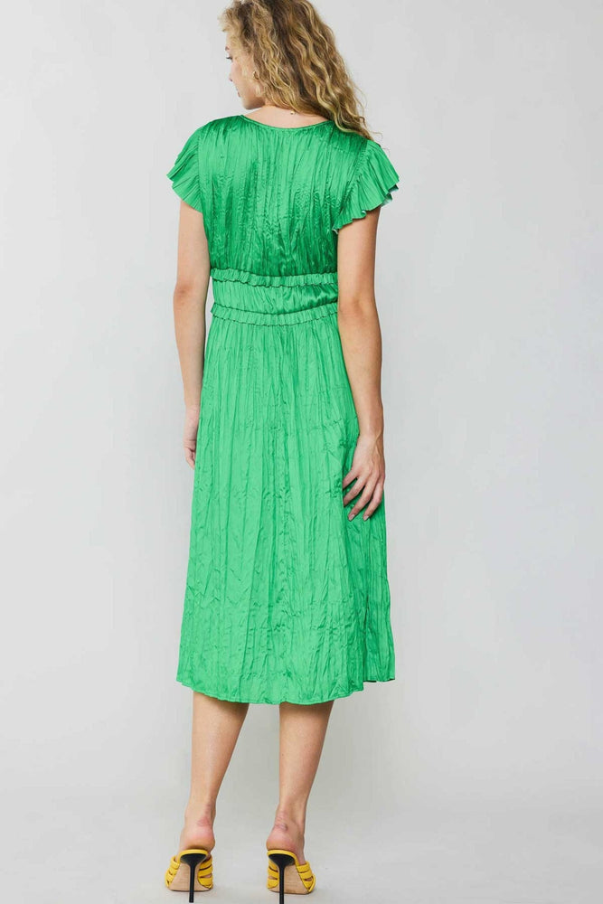 Pleated SS Floral Midi Dress-Spring Green