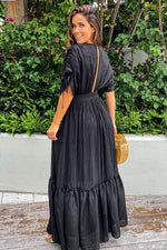 Kimono Sleeve Ruffle Maxi Dress-Black