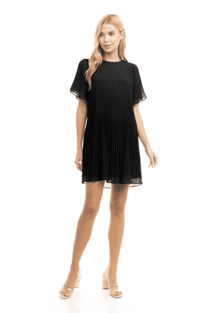 Short Sleeve Pleated Mini Dress-Black