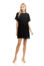 Short Sleeve Pleated Mini Dress-Black
