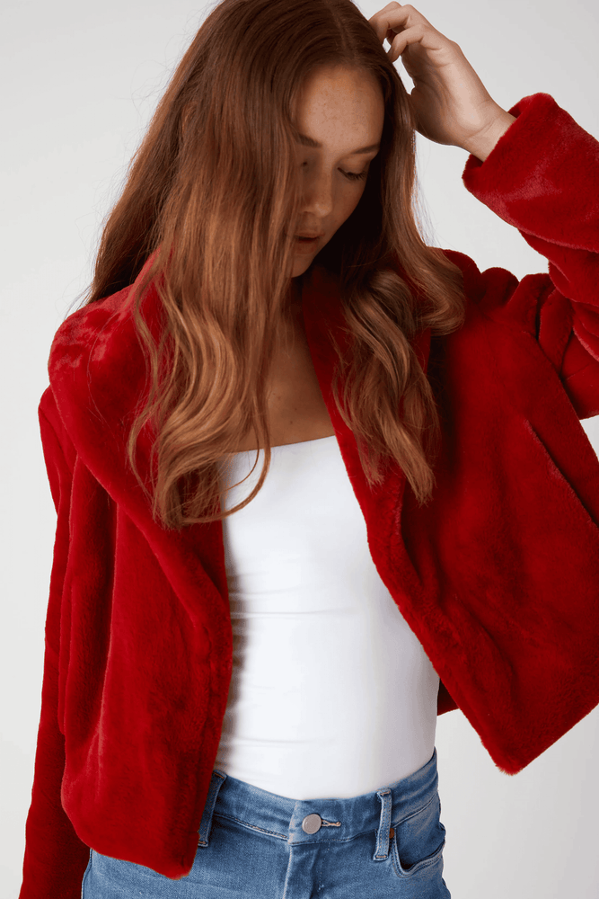 Faux Fur Cropped Jacket-Hot to Trot Red Orange