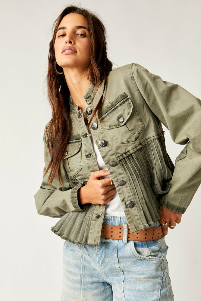 Rebellious Fashion front pocket full length denim jacket in khaki | ASOS