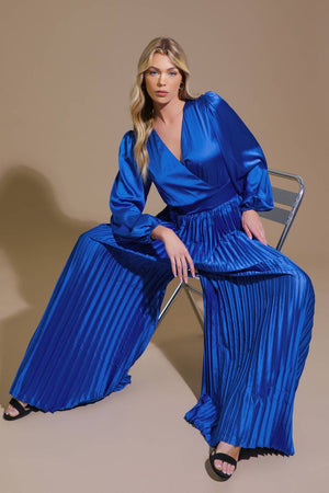 Solid Satin Jumpsuit- Bright Blue