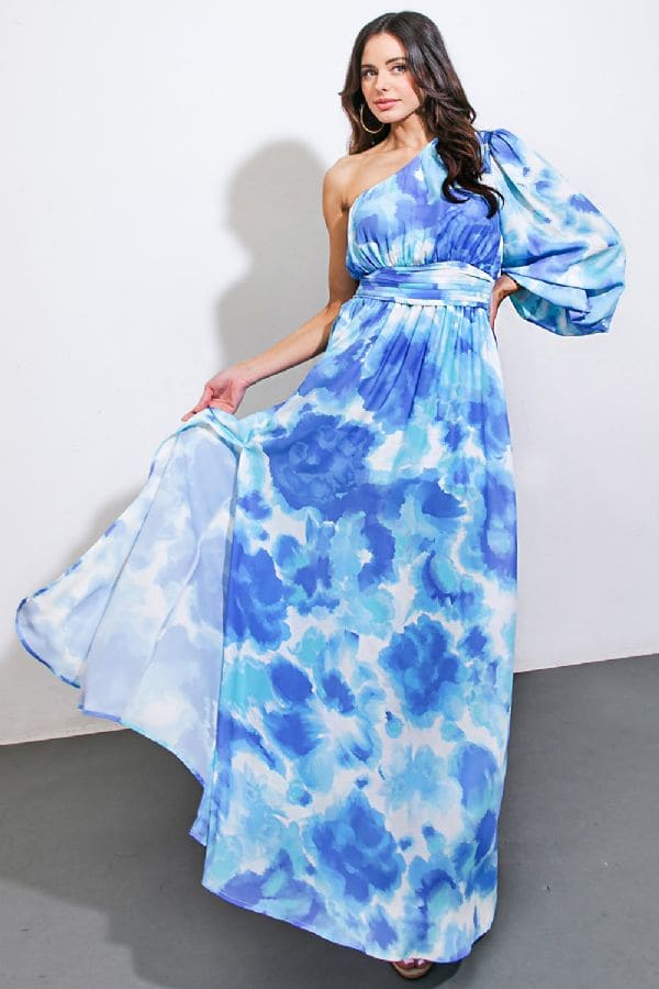 One Shoulder Maxi Dress-Ivory/Blue