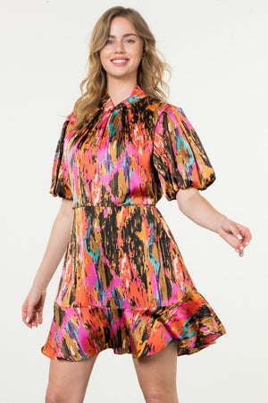 Puff Sleeve Print Dress-Pink/Multi