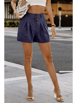 Smocked Button Shorts-Navy