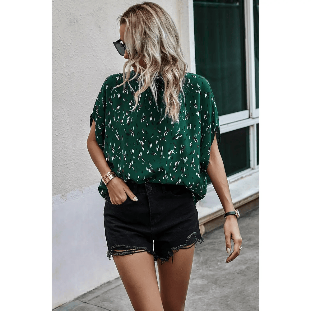 Drop Shoulder Top-Green/Leopard